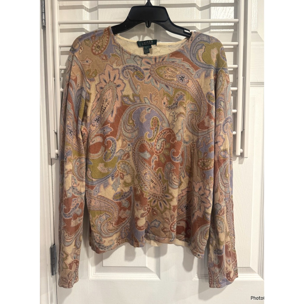 Lauren Ralph Lauren Blue Brown Paisley Y2K 90s Silk Cashmere Sweater Xlarge